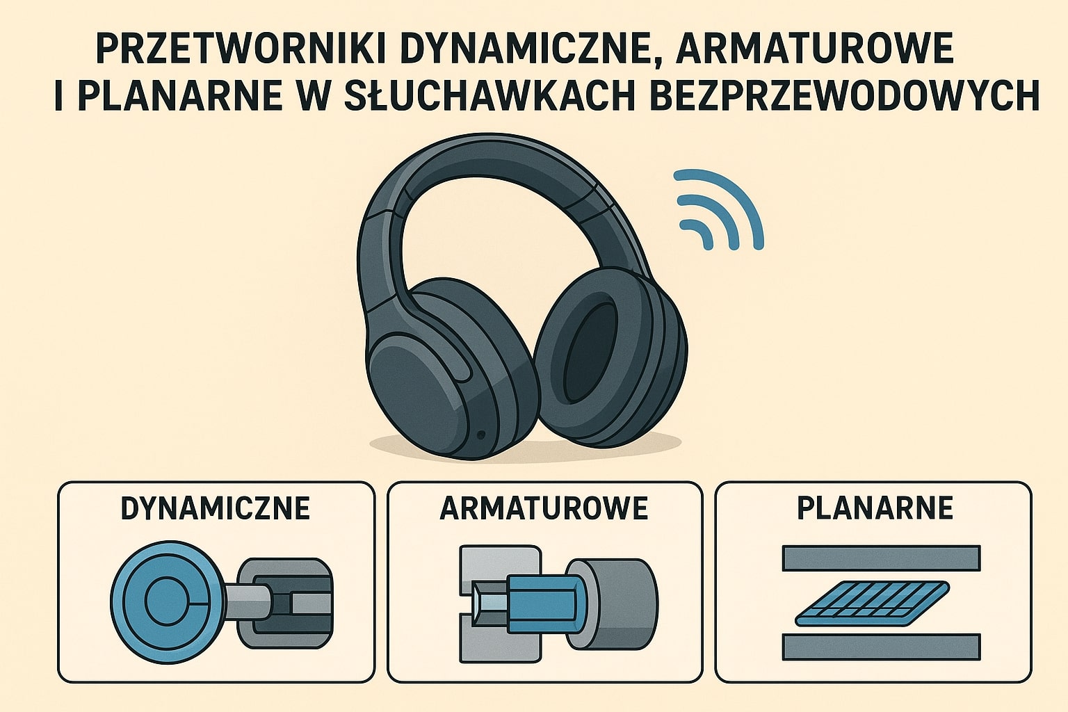 Przetworniki dynamiczne, armaturowe i planarne w słuchawkach bezprzewodowych.